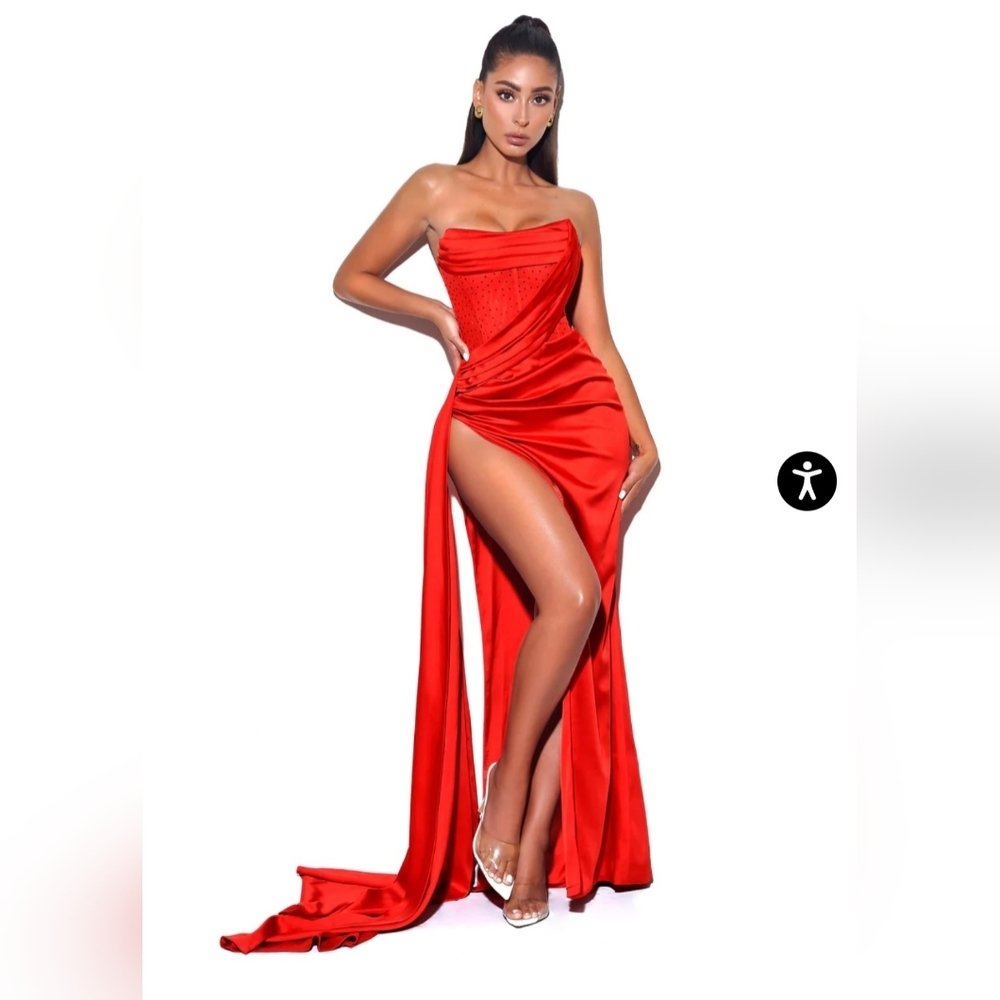 Holiday party dress Miss Circle New York Holly Red satin crystal high slit gown